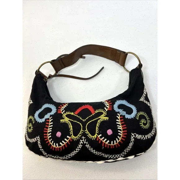 Old Navy Black Vintage Embroidered Bean Shape Butterfly Purse Faux Leather Strap - Picture 1 of 11